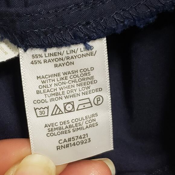 Loft Linen Blend Button Front Wide Leg Crop Pants High Rise Navy Blue Large - Picture 8 of 12